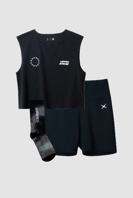 PACK TOP TANK MUJER CLUB NEGRO + LEGGINGS CORTOS MUJER TRAIN NEGROS + CALCETINES GRADIENT DARK GREY