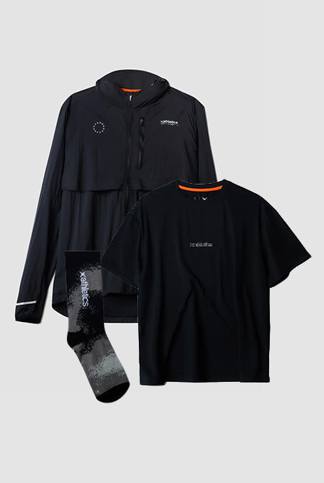 PACK CORTAVIENTOS OUT NEGRO + CAMISETA TRAIN NEGRA + CALCETINES GRADIENT DARK GREY